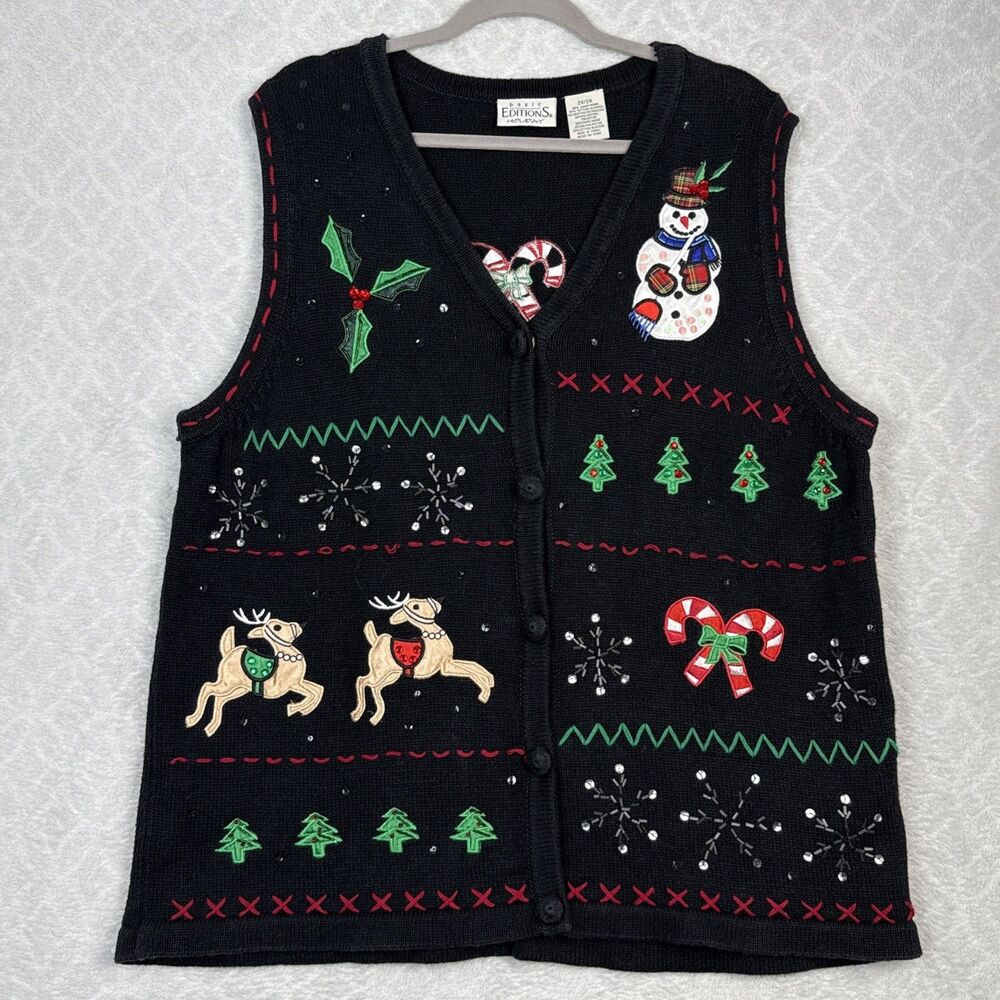 Vtg Ugly Christmas Sweater Vest Womens 2X Holiday Party Embellished Grandmacore